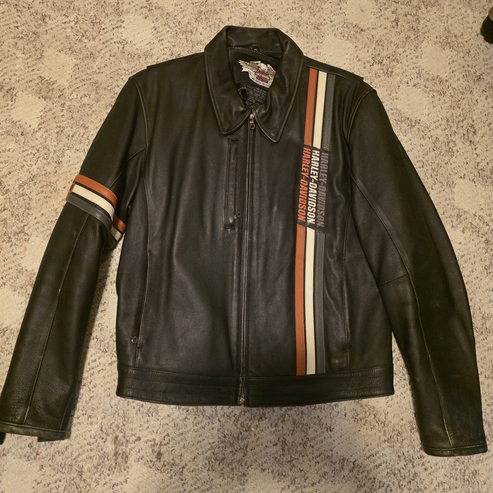 Harley-Davidson Black Leather Jacket with Orange Stripes